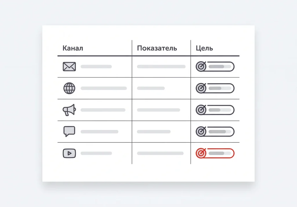 Таблица показателей эффективности маркетинга с целями для каждого канала стратегии