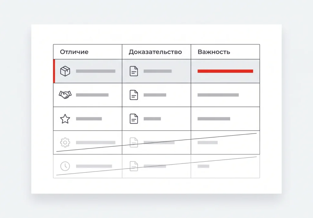 Таблица оснований для отличия компании с доказательствами и оценкой важности для клиента