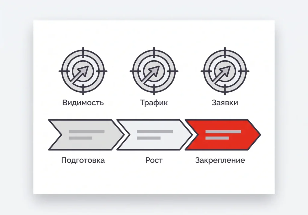 Схема стратегии продвижения сайта с целевыми показателями и планом работ по этапам